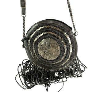 LILLA LANE Thora Moss Sumba Dreamcather Round Grey Leather Bag Fringes Silver